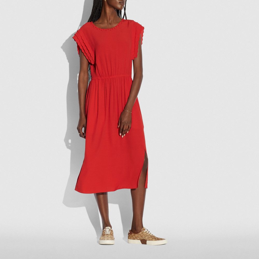 SHOULDER PLEAT MIDI DRESS