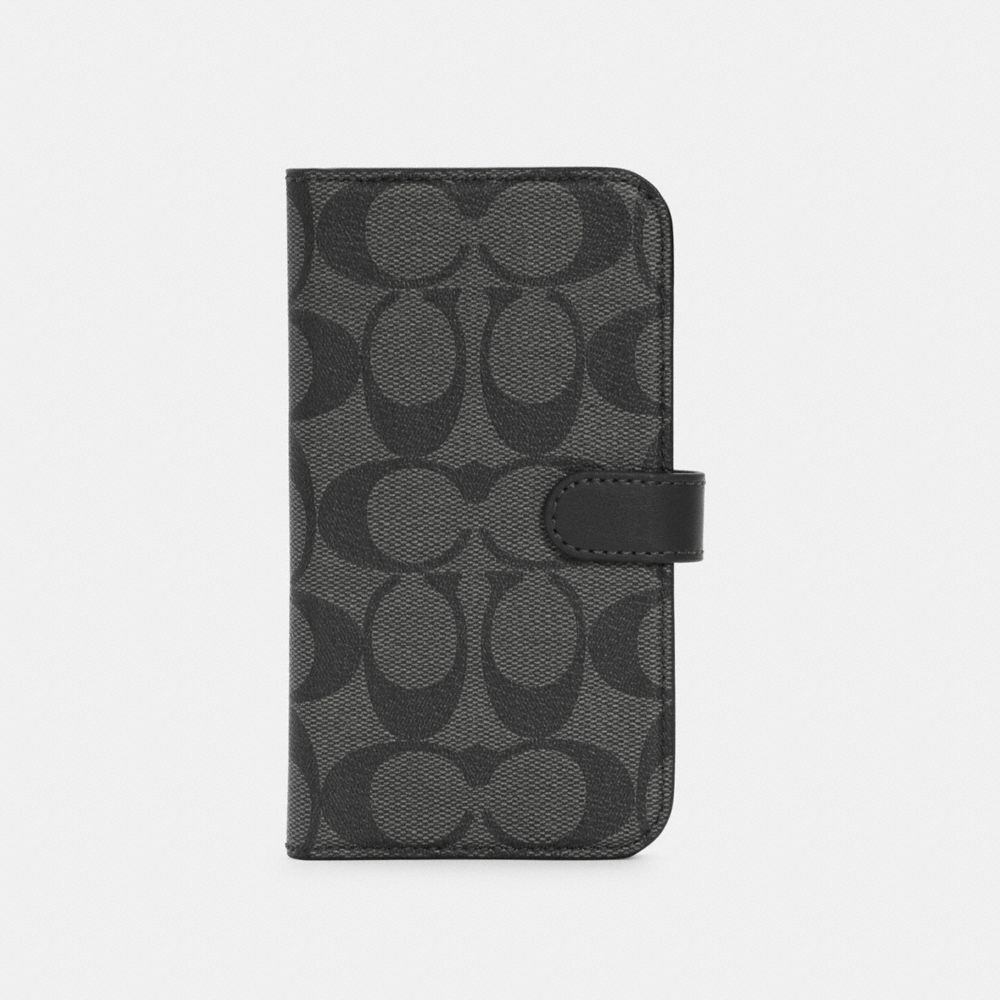 COACH C5090 Iphone 12 Folio In Signature Canvas CHARCOAL