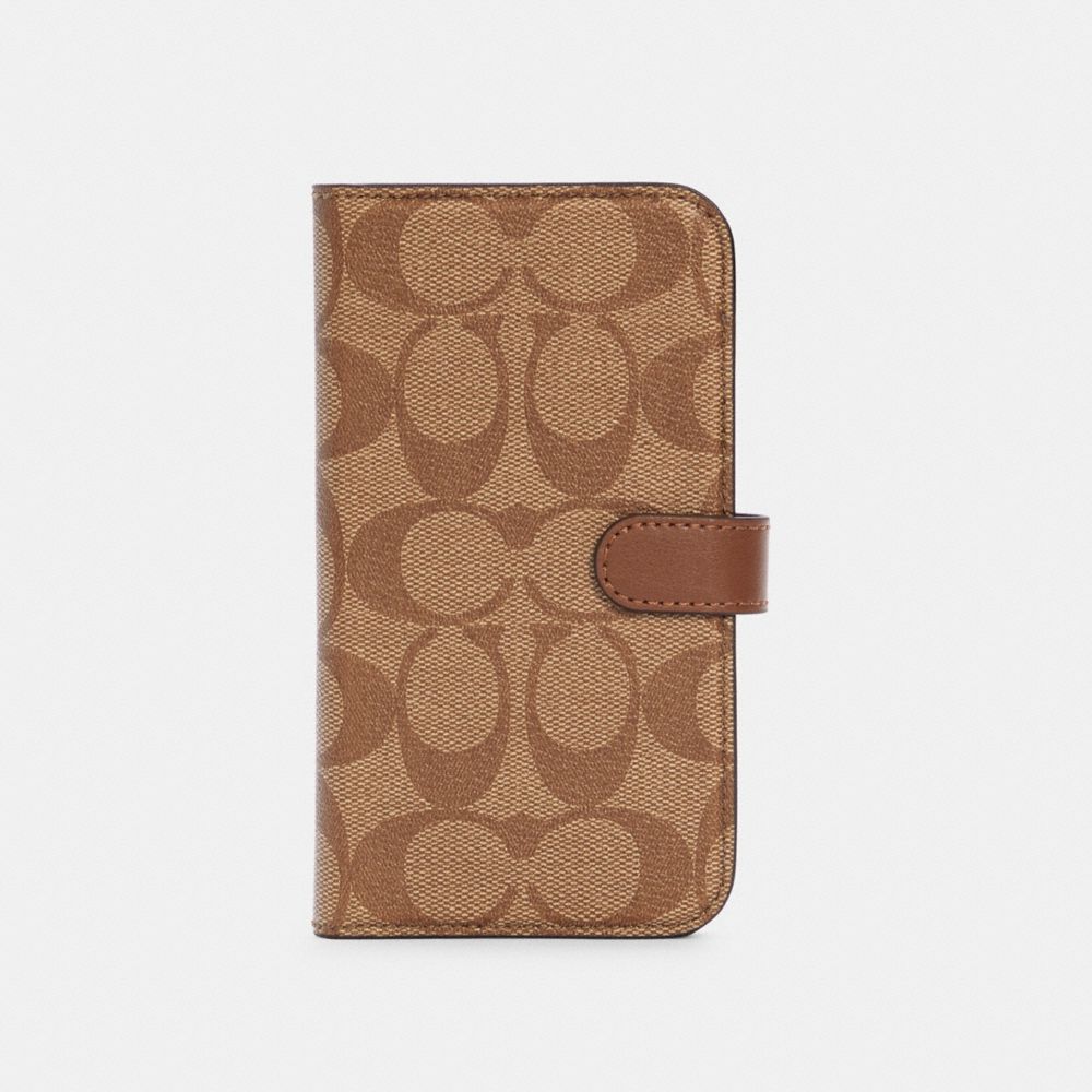 IPHONE 12 FOLIO IN SIGNATURE CANVAS - KHAKI - COACH C5090