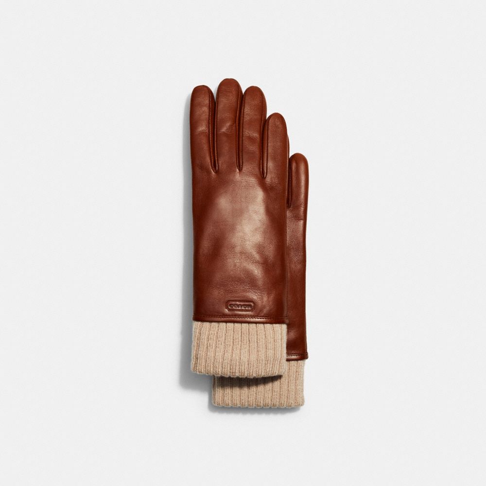 Leather Knit Cuff Mixed Gloves - C5259 - SADDLE