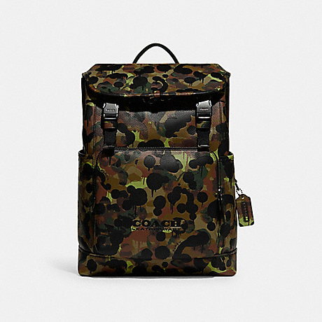 COACH C5288 League Flap Backpack With Camo Print BLACK-COPPER/NEON/YELLOW/BROWN