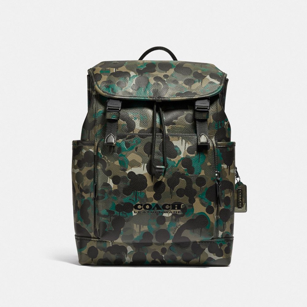 C5288 - League Flap Backpack With Camo Print Matte Black/Green/Blue