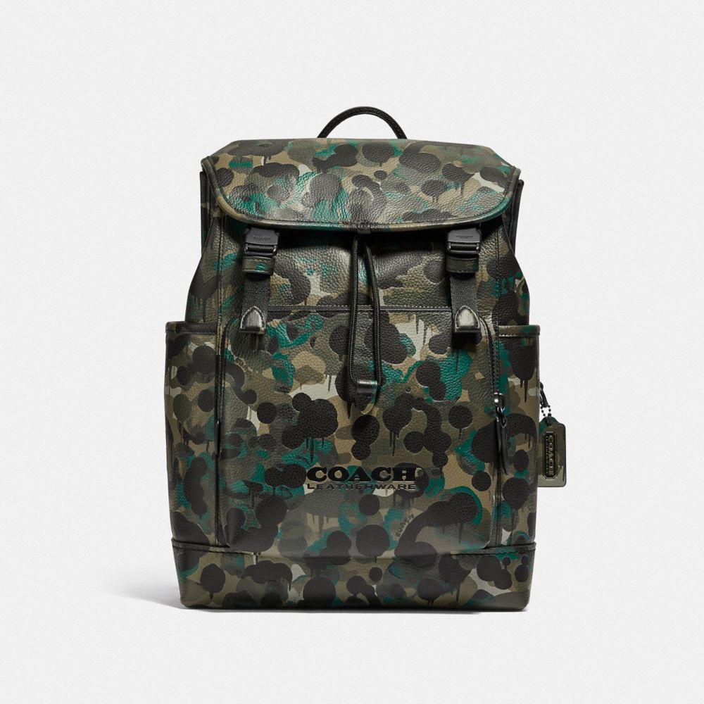 COACH C5288 League Flap Backpack With Camo Print MATTE BLACK/GREEN/BLUE