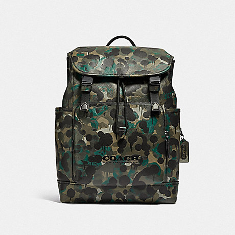 COACH C5288 League Flap Backpack With Camo Print Matte Black/Green/Blue