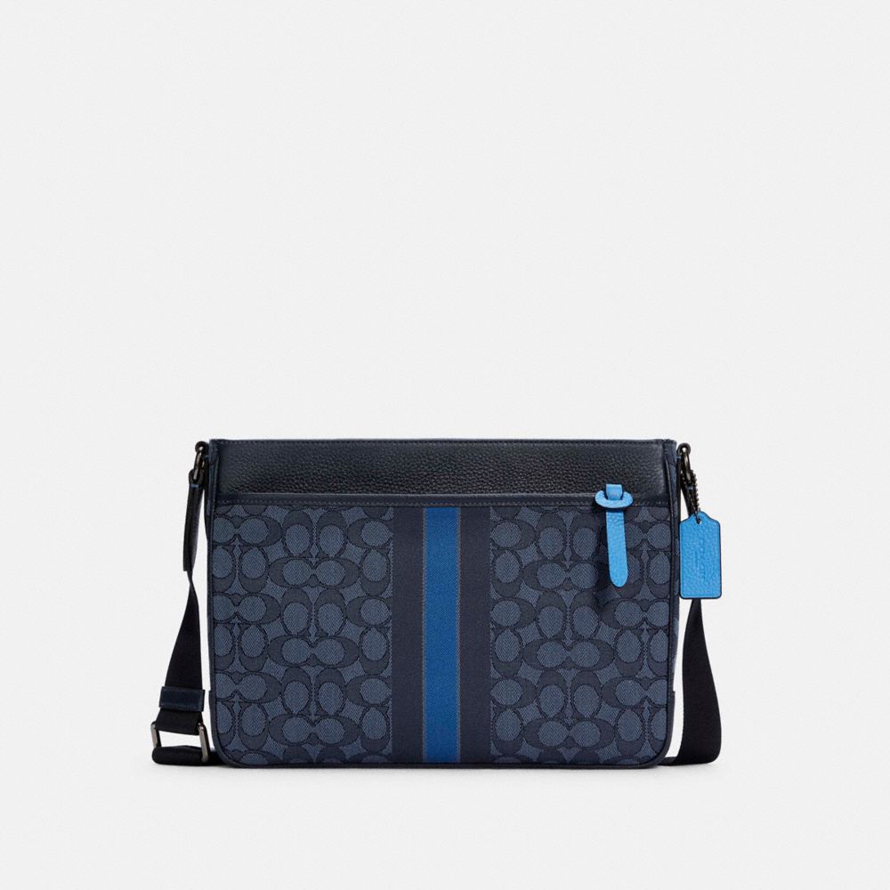 THOMPSON CROSSBODY IN SIGNATURE JACQUARD WITH VARSITY STRIPE - C5291 - QB/DENIM PACIFIC MULTI