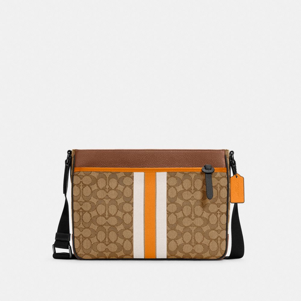 THOMPSON CROSSBODY IN SIGNATURE JACQUARD WITH VARSITY STRIPE - C5291 - QB/KHAKI BUTTERSCOTCH MULTI