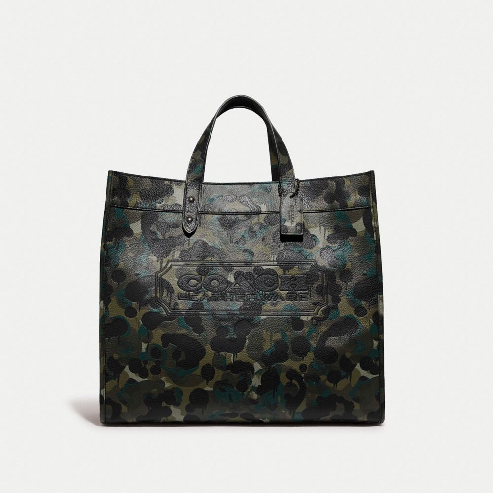 COACH C5308 Field Tote 40 With Camo Print MATTE BLACK/GREEN/BLUE