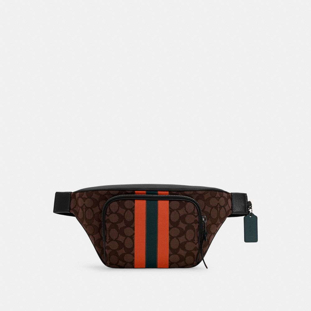 Thompson Belt Bag In Signature Jacquard With Varsity Stripe - BLACK ANTIQUE/MIDNIGHT NAVY/RACER BLUE - COACH C5386