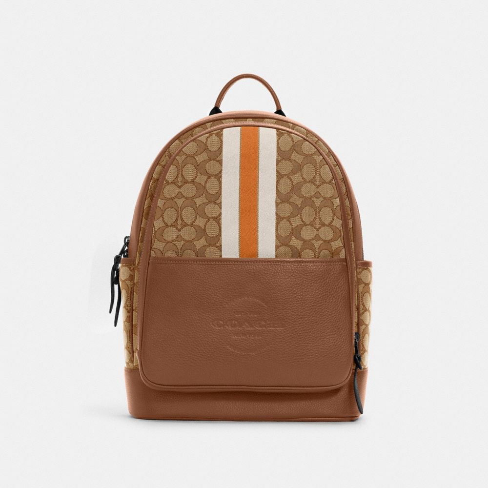 THOMPSON BACKPACK IN SIGNATURE JACQUARD WITH VARSITY STRIPE - C5389 - QB/KHAKI BUTTERSCOTCH MULTI