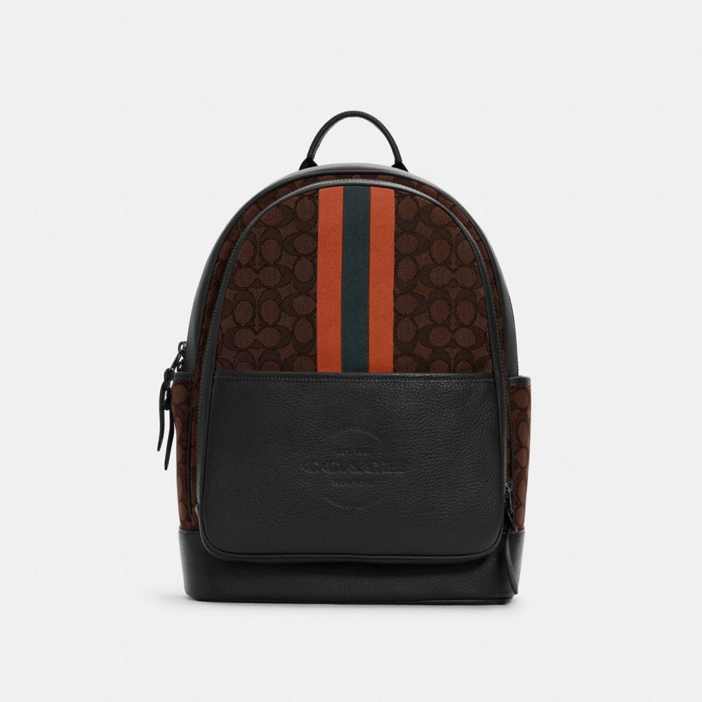 COACH C5389 - Thompson Backpack In Signature Jacquard With Varsity Stripe BLACK ANTIQUE/MIDNIGHT NAVY/RACER BLUE