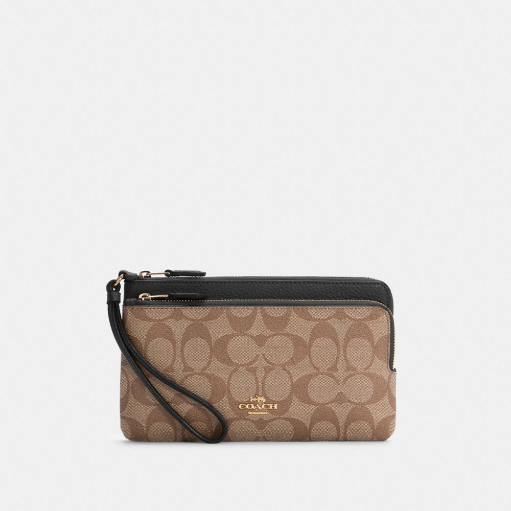 COACH Double Zip Wallet In Signature Canvas - GOLD/KHAKI/BLACK - C5576