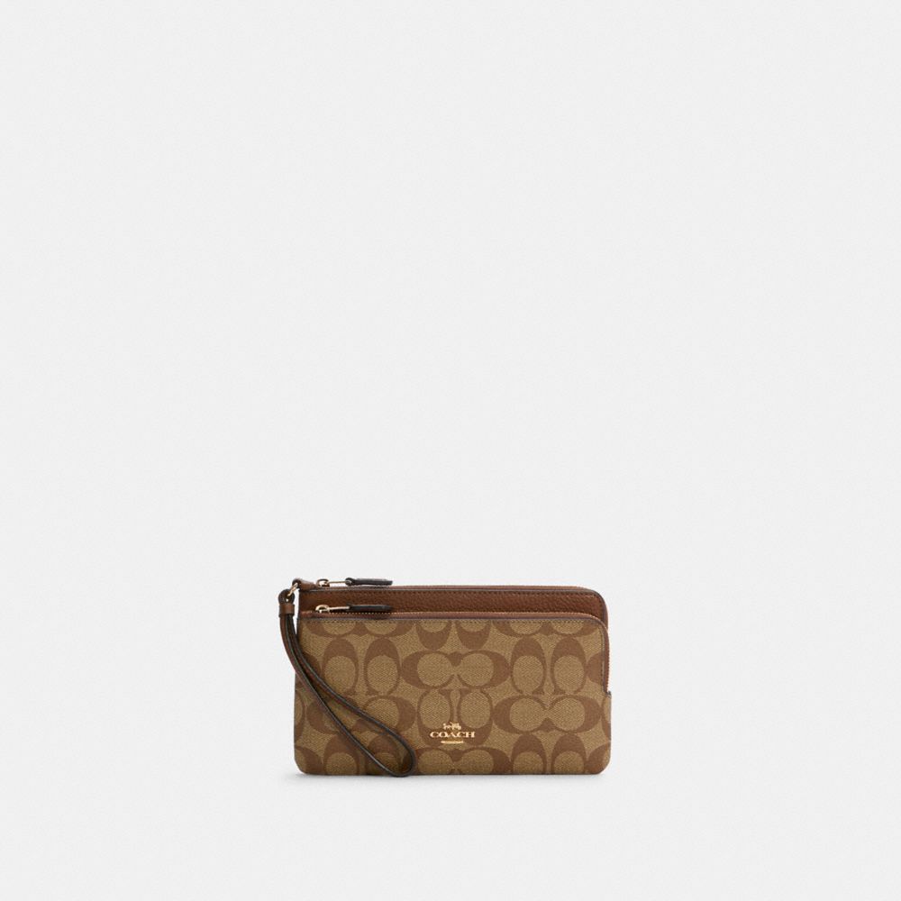 COACH DOUBLE ZIP WALLET IN SIGNATURE CANVAS - IM/KHAKI SADDLE 2 - C5576