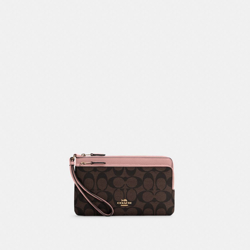 COACH C5576 Double Zip Wallet In Signature Canvas GOLD/BROWN SHELL PINK