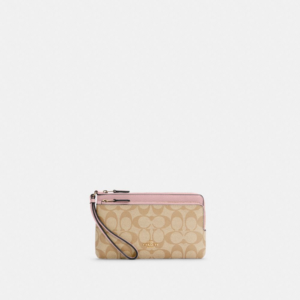 Double Zip Wallet In Signature Canvas - C5576 - Im/Lt Khaki/Powder Pink