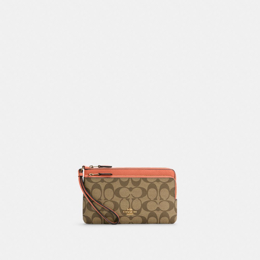 Double Zip Wallet In Signature Canvas - C5576 - Im/Khaki/Light Coral