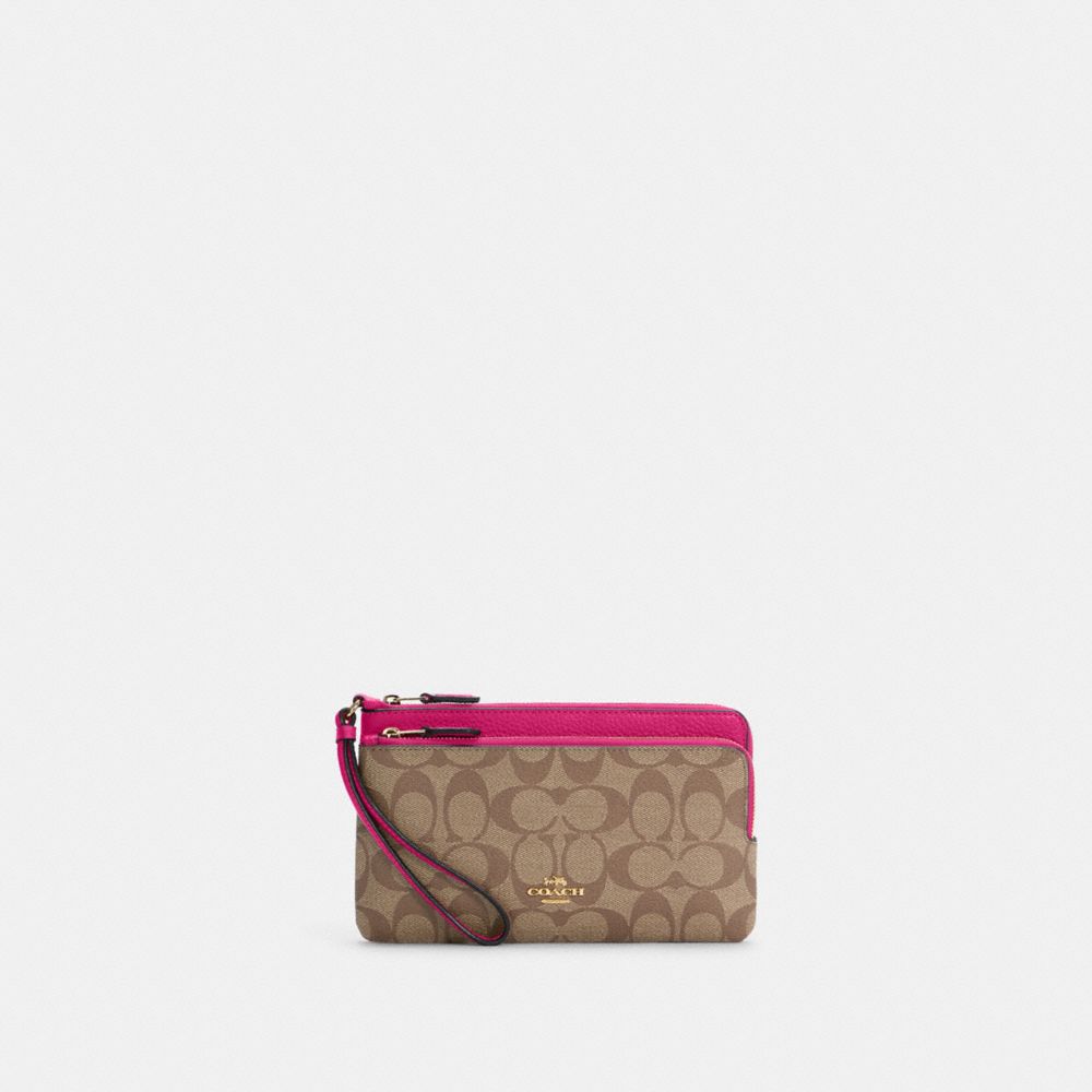 COACH C5576 Double Zip Wallet In Signature Canvas Im/Khaki/Cerise