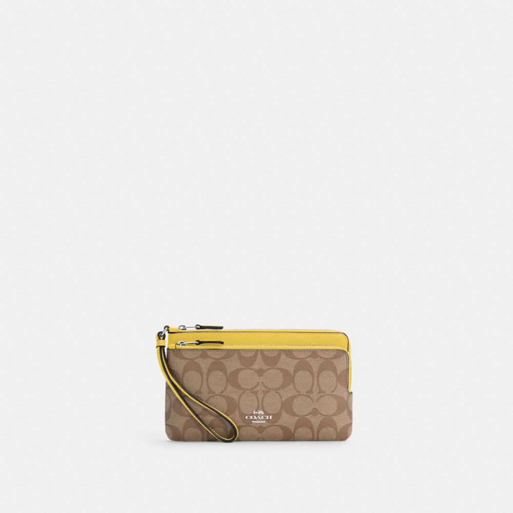 COACH C5576 Double Zip Wallet In Signature Canvas SILVER/KHAKI/RETRO YELLOW