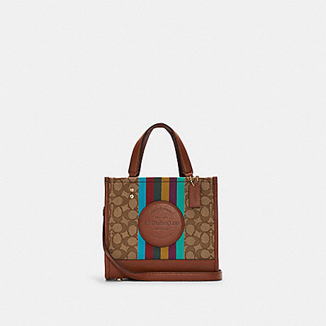 COACH C5637 Dempsey Tote 22 In Signature Jacquard With Stripe And Coach Patch GOLD/KHAKI/REDWOOD-MULTI