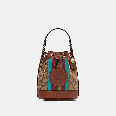 COACH C5639 Dempsey Drawstring Bucket 15 In Signature Jacquard With Stripe And Coach Patch GOLD/KHAKI/REDWOOD-MULTI