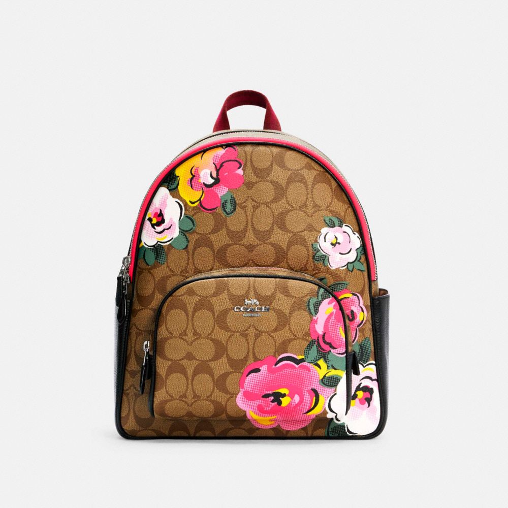 COURT BACKPACK IN SIGNATURE CANVAS WITH VINTAGE ROSE PRINT - C5681 - SV/KHAKI MULTI