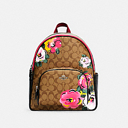 COACH C5681 Court Backpack In Signature Canvas With Vintage Rose Print SV/KHAKI MULTI