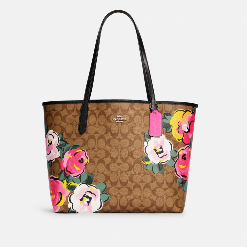 COACH CITY TOTE IN SIGNATURE CANVAS WITH VINTAGE ROSE PRINT - SV/KHAKI MULTI - C5785