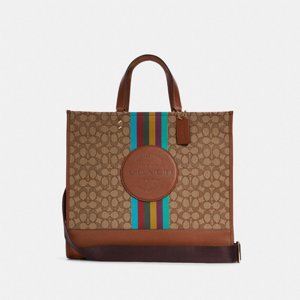 COACH C5793 - Dempsey Tote 40 In Signature Jacquard With Stripe And Coach Patch GOLD/KHAKI/REDWOOD MULTI