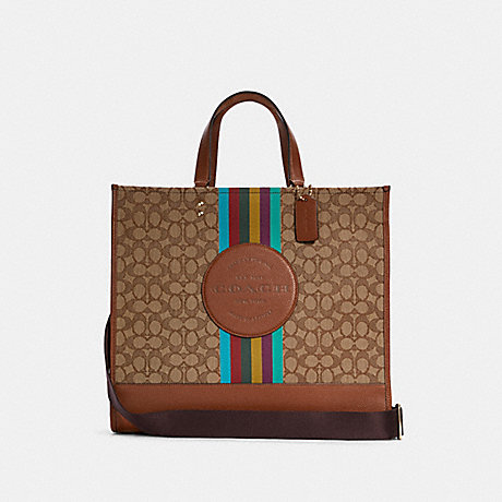 COACH C5793 Dempsey Tote 40 In Signature Jacquard With Stripe And Coach Patch GOLD/KHAKI/REDWOOD MULTI