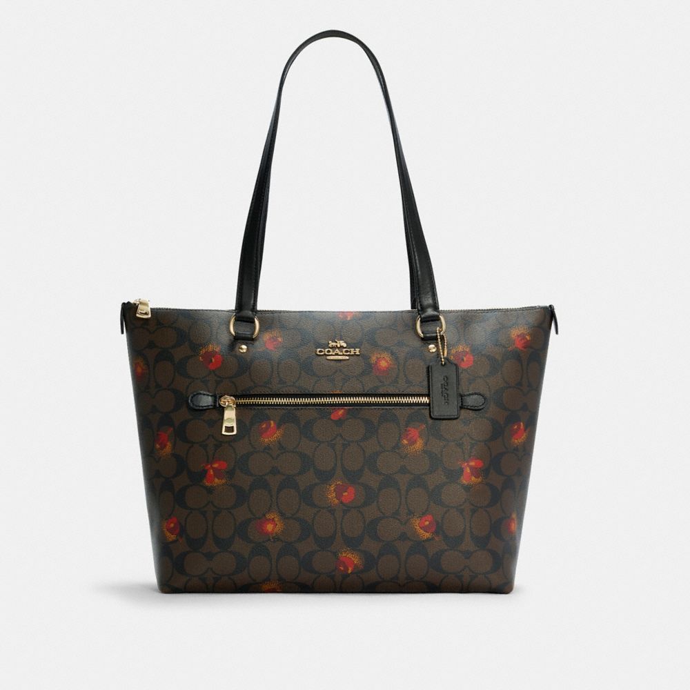 Gallery Tote In Signature Canvas With Pop Floral Print - GOLD/BROWN BLACK MULTI - COACH C5803