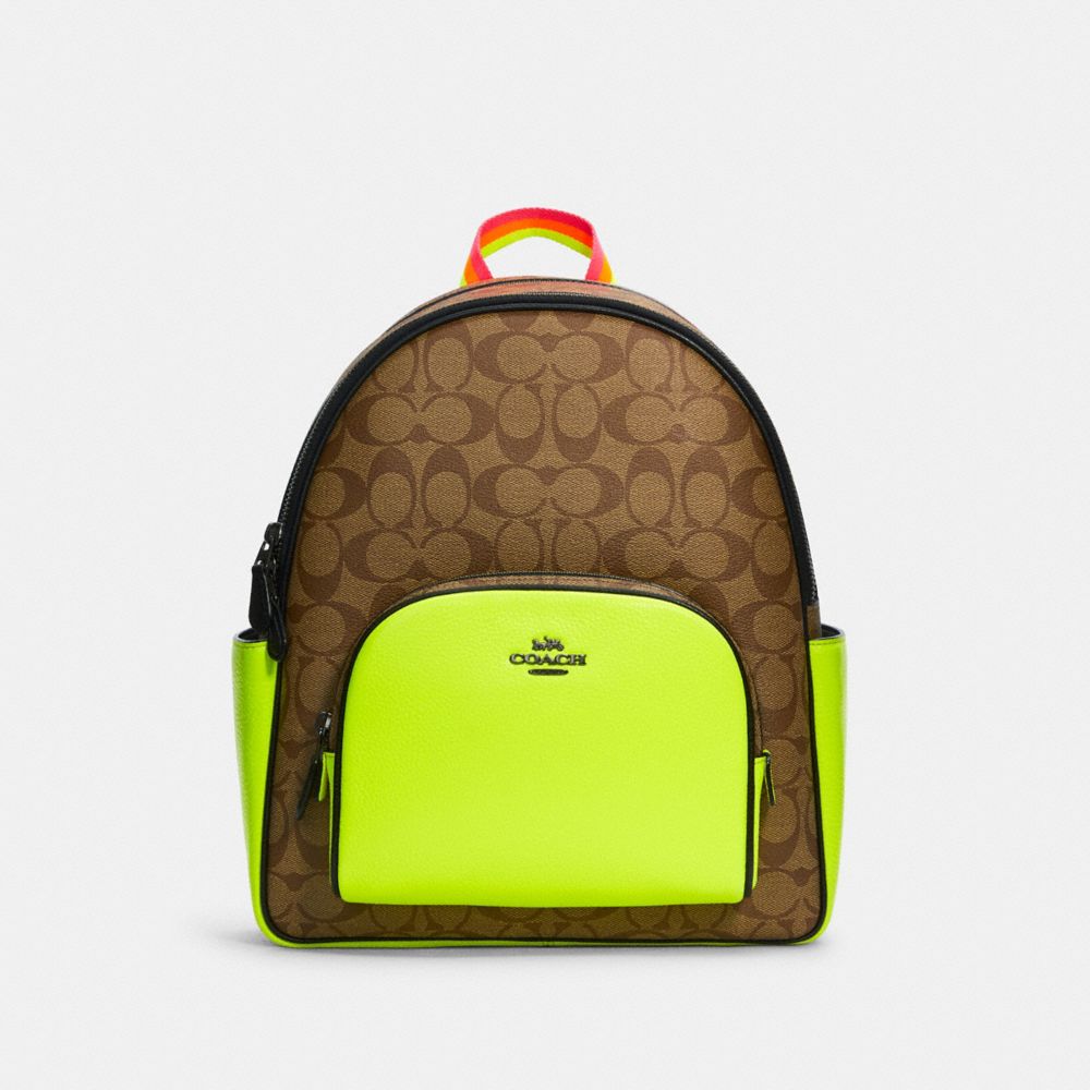 COURT BACKPACK IN COLORBLOCK SIGNATURE CANVAS - C5808 - QB/KHAKI/GLO LIME