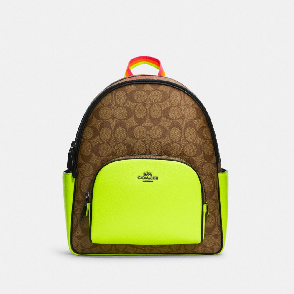 COACH C5808 Court Backpack In Colorblock Signature Canvas QB/KHAKI/GLO LIME