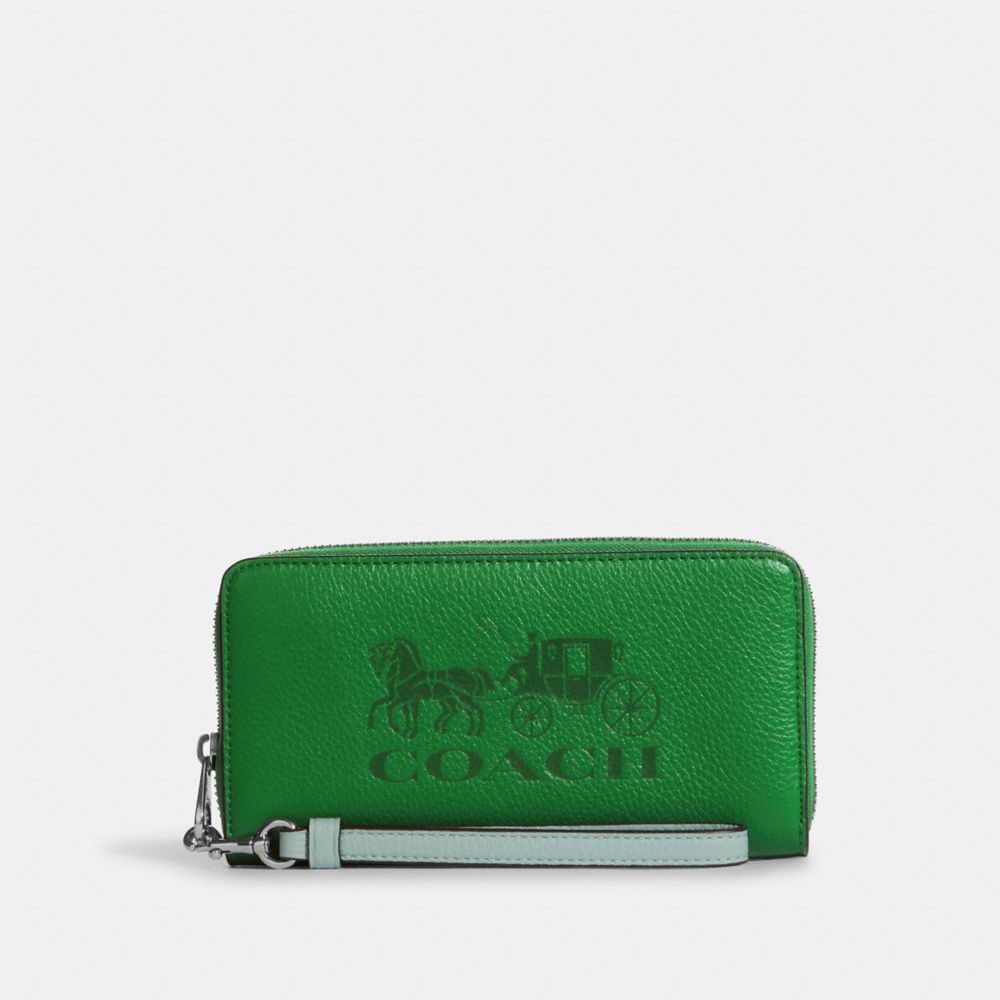 COACH C5889 Long Zip Around Wallet In Colorblock With Horse And Carriage SILVER/GREEN MULTI