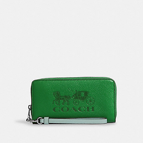 COACH C5889 Long Zip Around Wallet In Colorblock With Horse And Carriage Silver/GREEN-MULTI