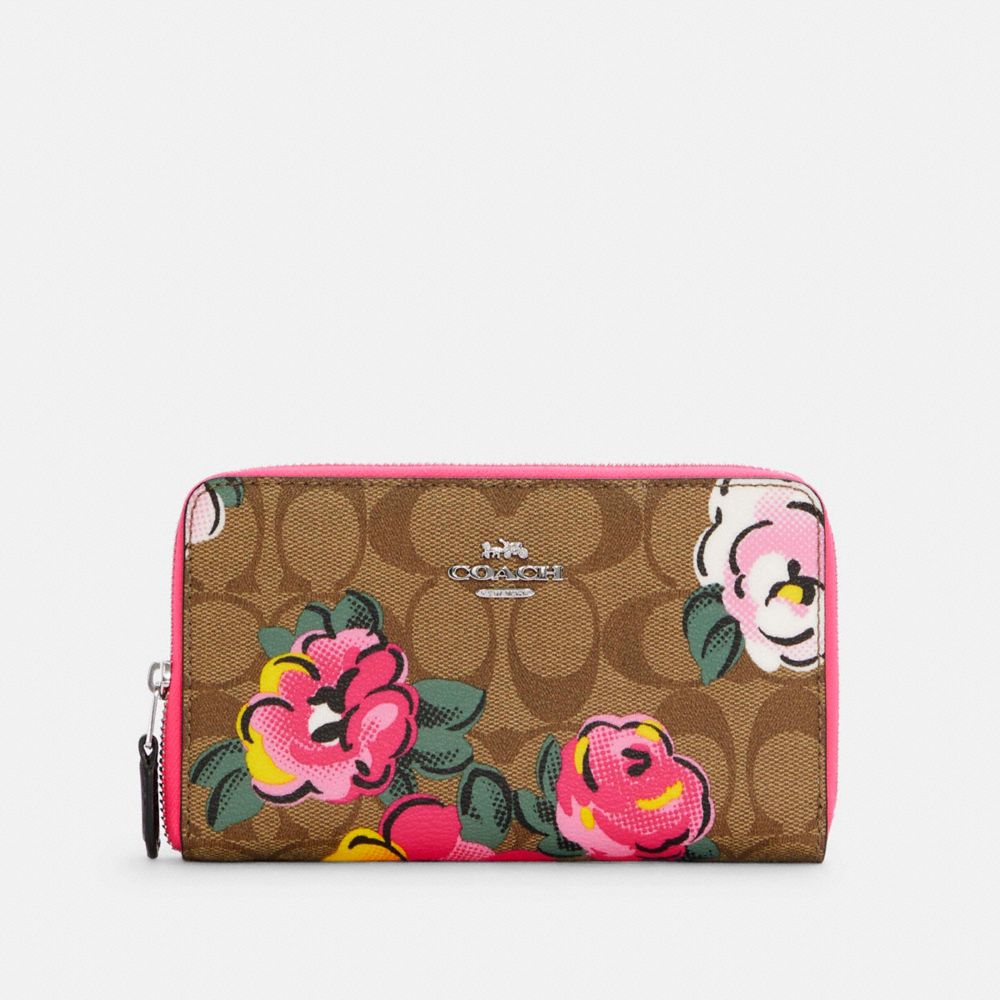 MEDIUM ID ZIP WALLET IN SIGNATURE CANVAS WITH VINTAGE ROSE PRINT - C5891 - SV/KHAKI MULTI