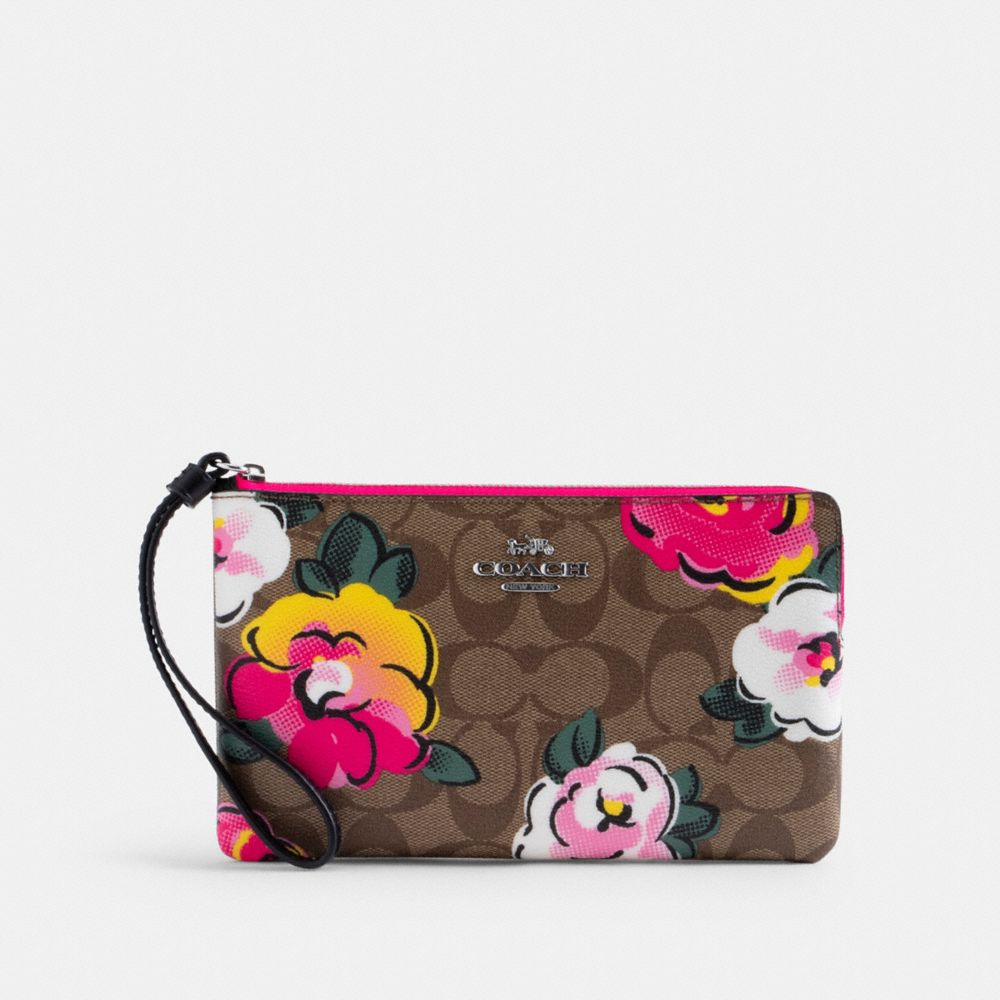 LARGE CORNER ZIP IN SIGNATURE CANVAS WITH VINTAGE ROSE PRINT - C5892 - SV/KHAKI MULTI