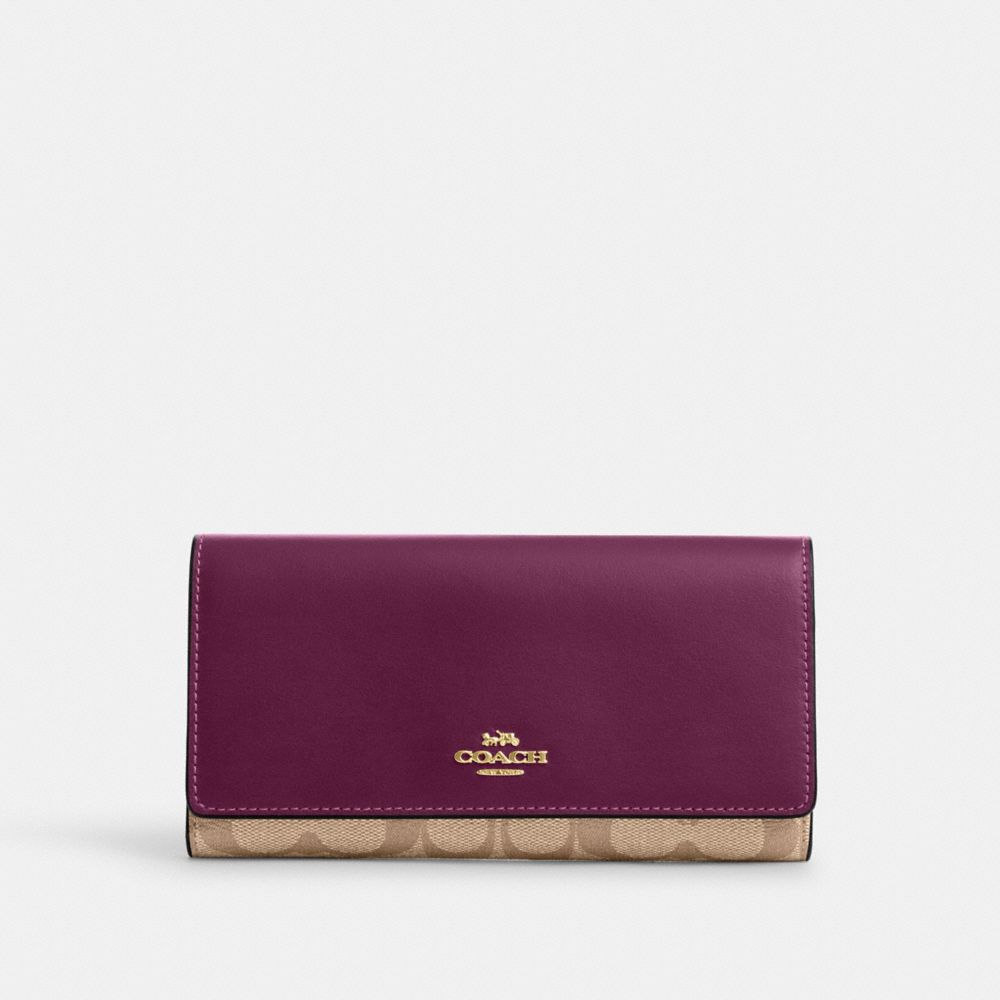 Slim Trifold Wallet In Signature Canvas - C5966 - Gold/Khaki/Deep Berry