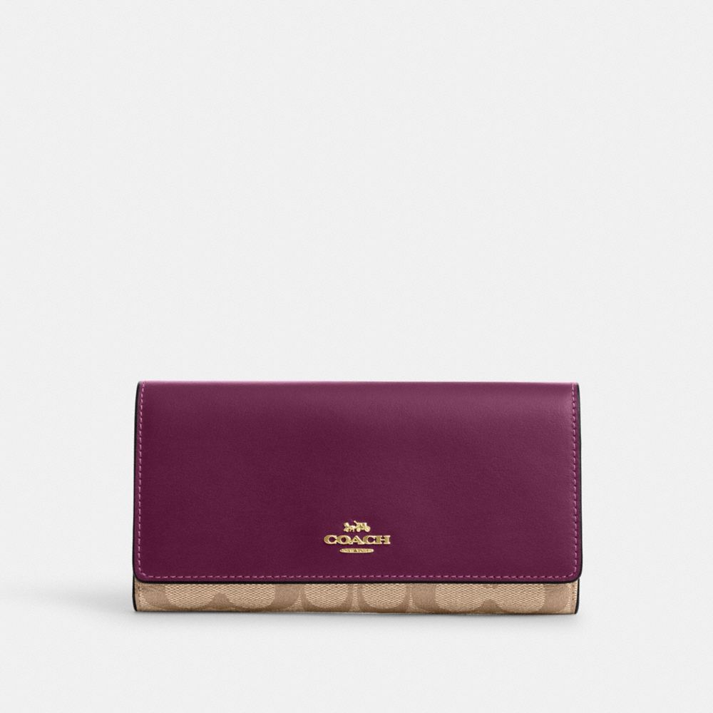 COACH C5966 Slim Trifold Wallet In Signature Canvas Gold/Khaki/Deep Berry