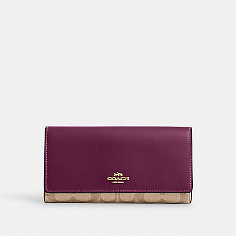 COACH C5966 Slim Trifold Wallet In Signature Canvas Gold/Khaki/Deep Berry