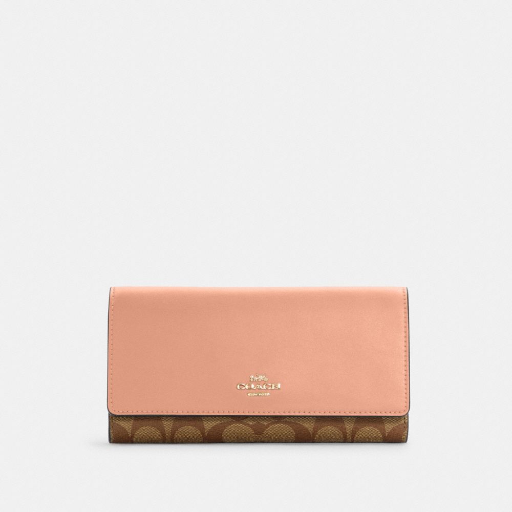 COACH Slim Trifold Wallet In Signature Canvas - GOLD/LIGHT KHAKI/FADED BLUSH - C5966