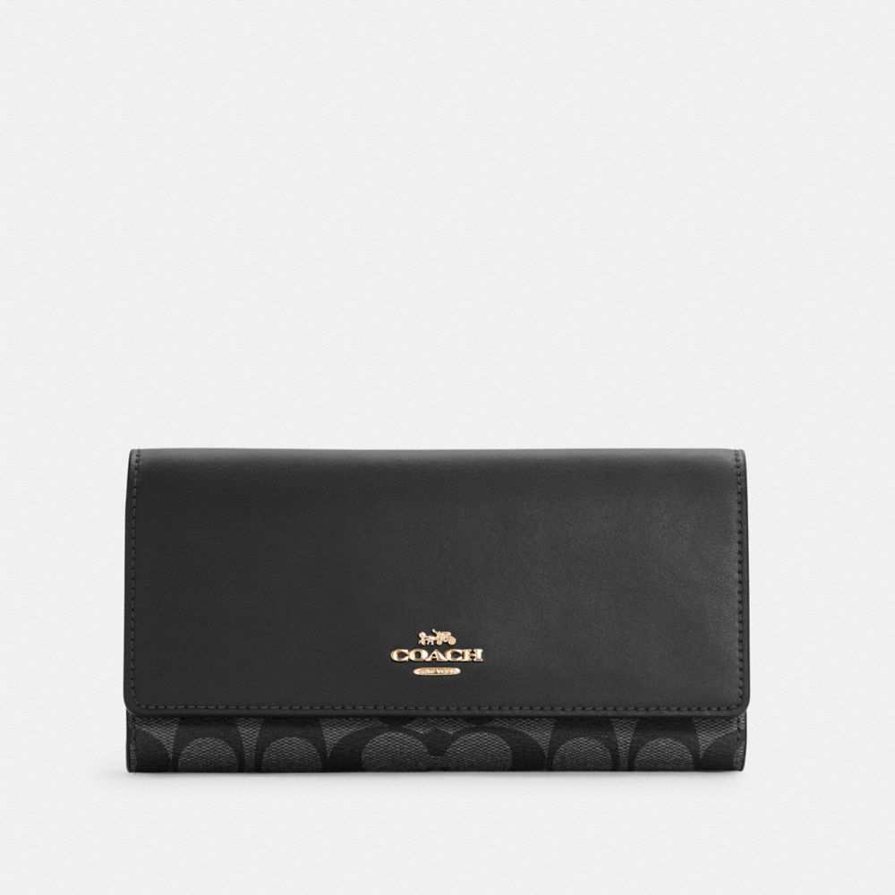 COACH C5966 Slim Trifold Wallet In Signature Canvas SV/BLACK SMOKE BLACK