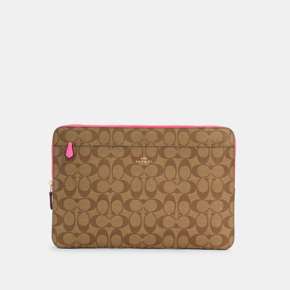 LAPTOP SLEEVE IN COLORBLOCK SIGNATURE CANVAS - IM/KHAKI/FLRSNT PNK - COACH C5979