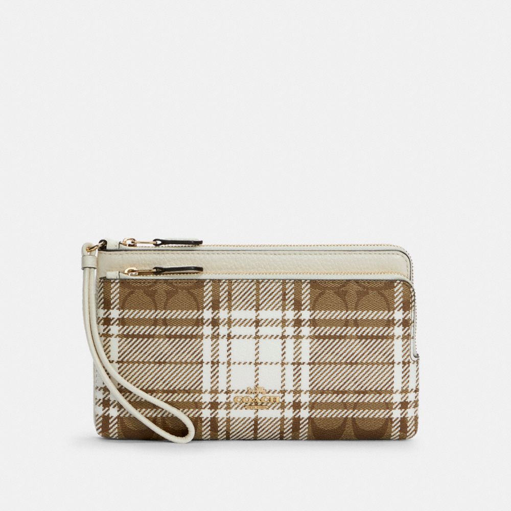 COACH C6008 Double Zip Wallet In Signature Canvas With Hunting Fishing Plaid Print IM/KHAKI CHALK MULTI