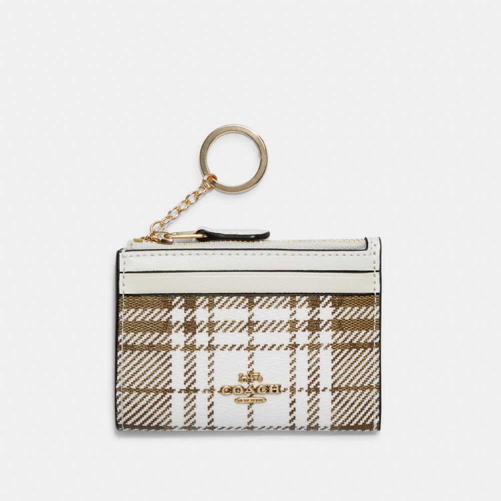 Mini Skinny Id Case In Signature Canvas With Hunting Fishing Plaid Print - GOLD/KHAKI CHALK MULTI - COACH C6009