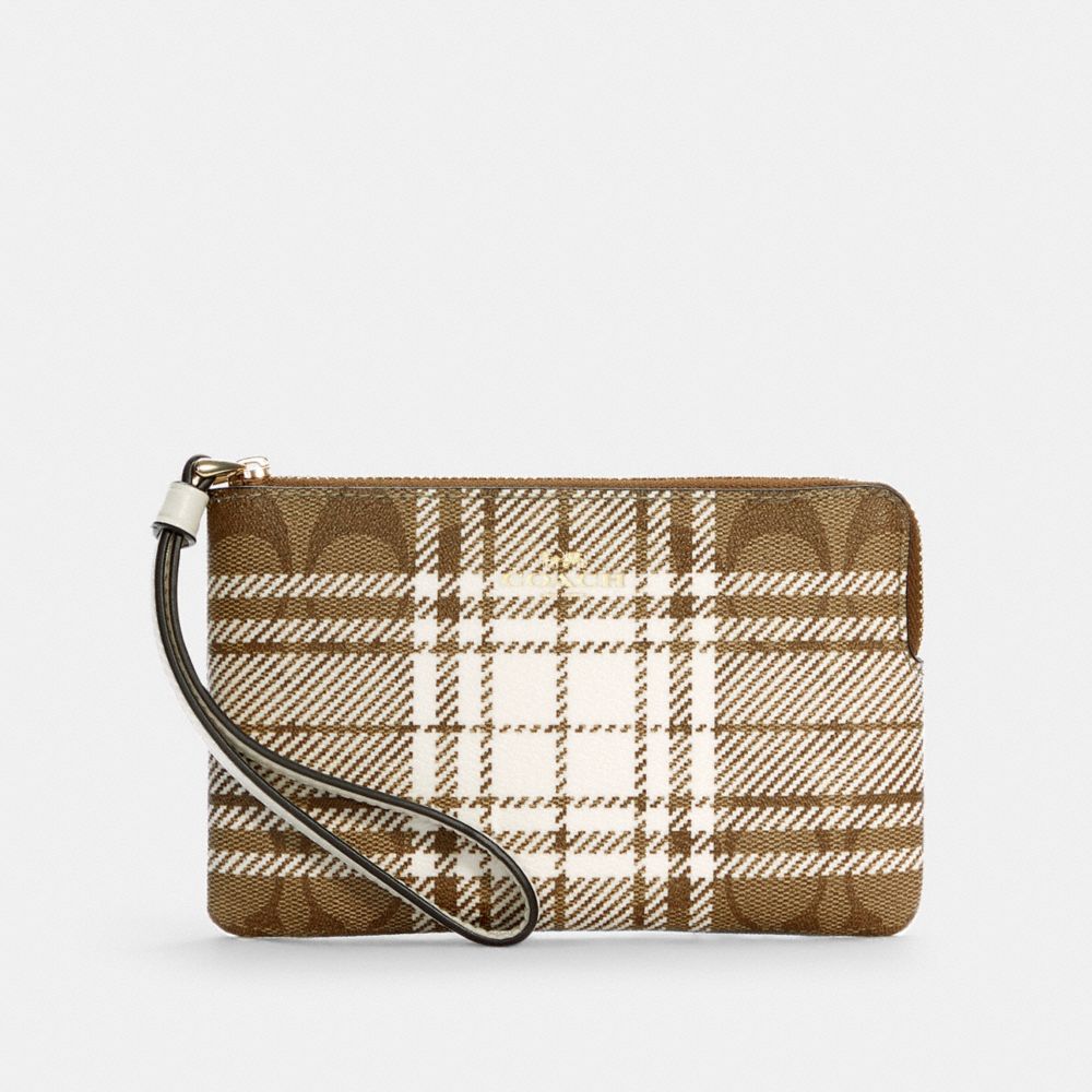 COACH C6010 Corner Zip Wristlet In Signature Canvas With Hunting Fishing Plaid Print GOLD/KHAKI CHALK MULTI
