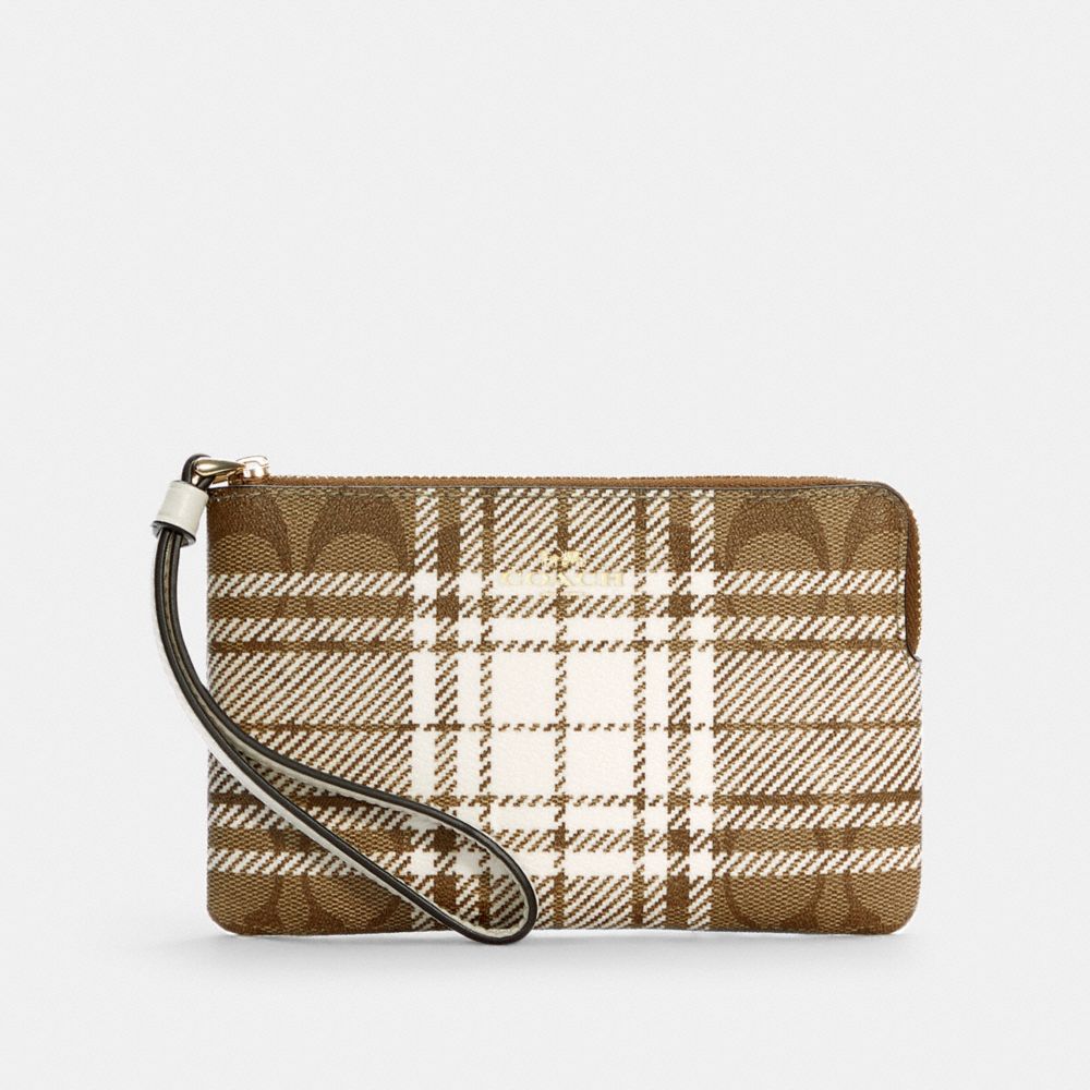 Corner Zip Wristlet In Signature Canvas With Hunting Fishing Plaid Print - C6010 - GOLD/KHAKI CHALK MULTI