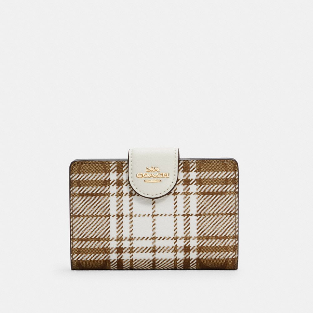 COACH C6011 - MEDIUM CORNER ZIP WALLET IN SIGNATURE CANVAS WITH HUNTING FISHING PLAID PRINT IM/KHAKI CHALK MULTI