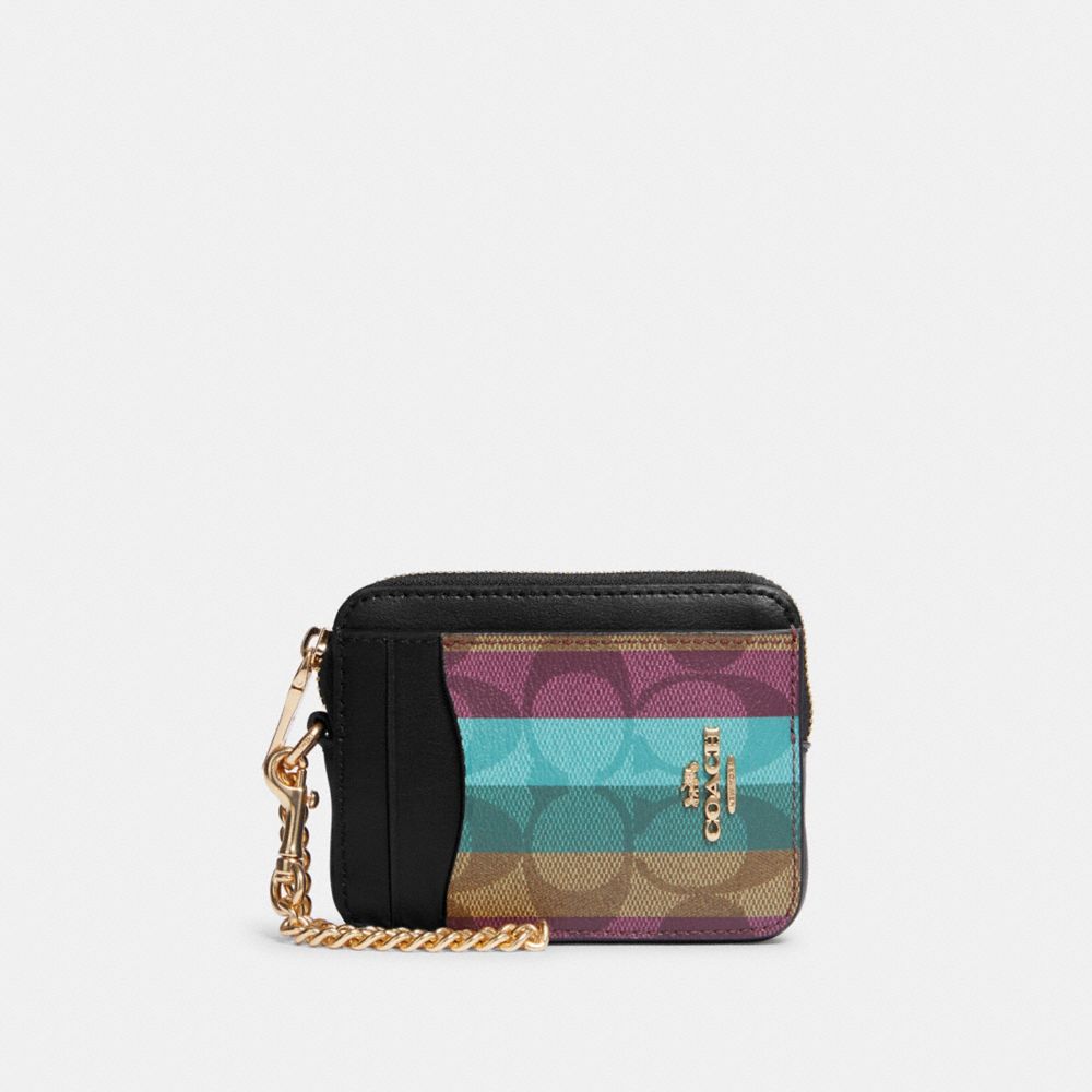 COACH Zip Card Case In Signature Canvas With Stripe Print - GOLD/KHAKI MULTI - C6020