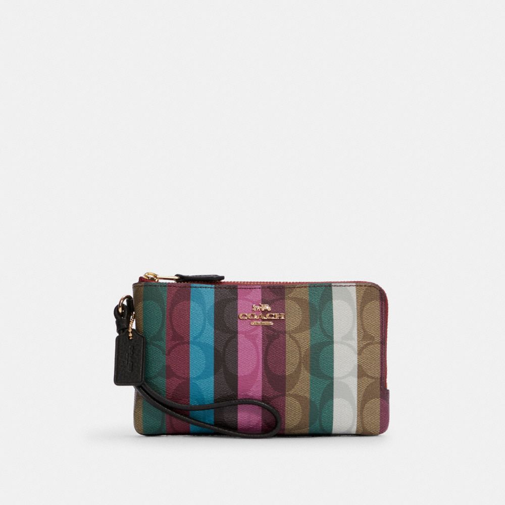 COACH Double Corner Zip Wristlet In Signature Canvas With Stripe Print - GOLD/KHAKI MULTI - C6022