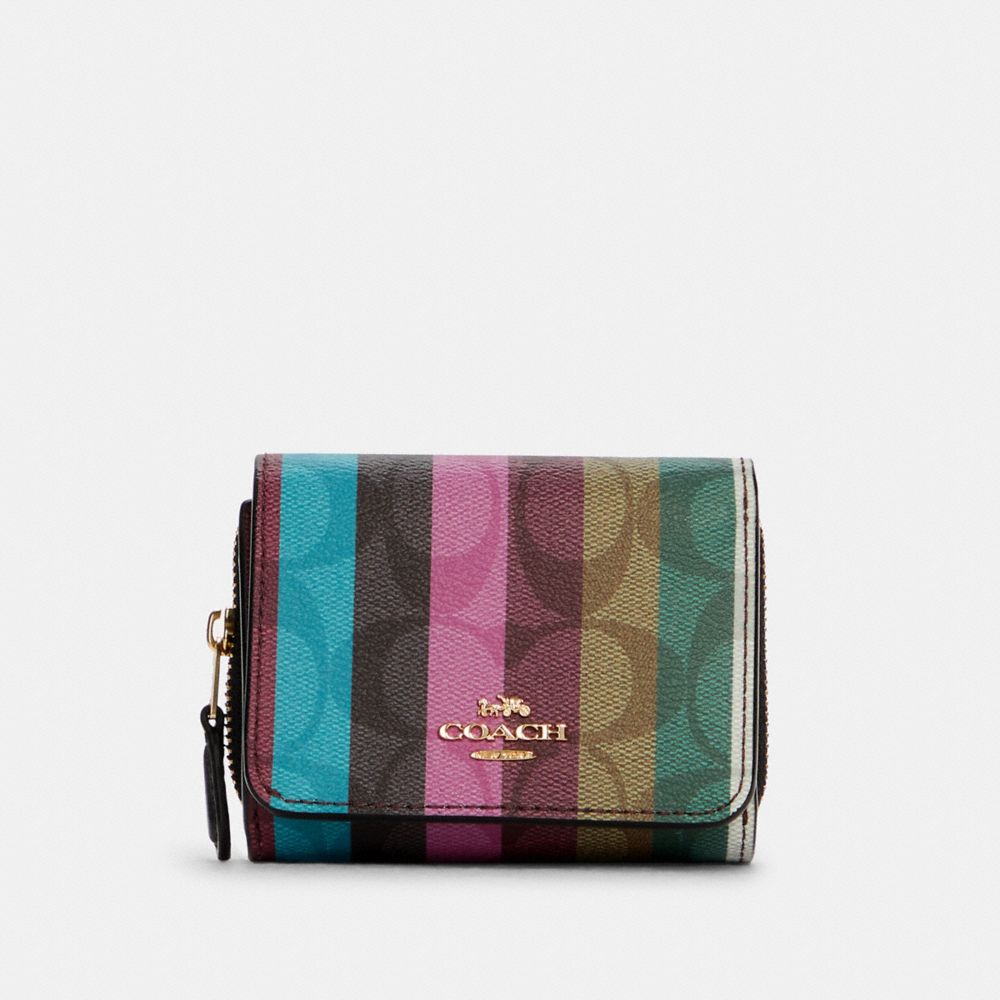 COACH C6023 Small Trifold Wallet In Signature Canvas With Stripe Print GOLD/KHAKI-MULTI