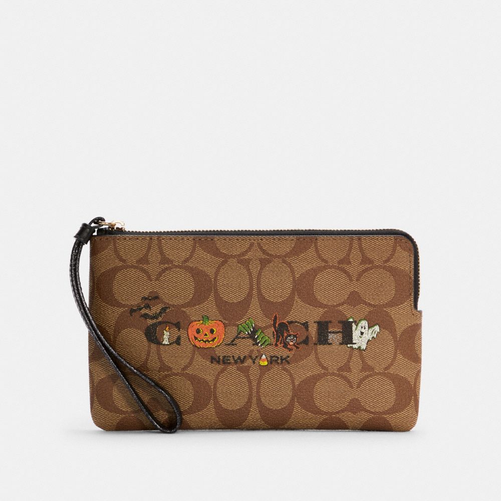 COACH C6037 Large Corner Zip Wristlet In Signature Canvas With Halloween GOLD/KHAKI MULTI BLACK